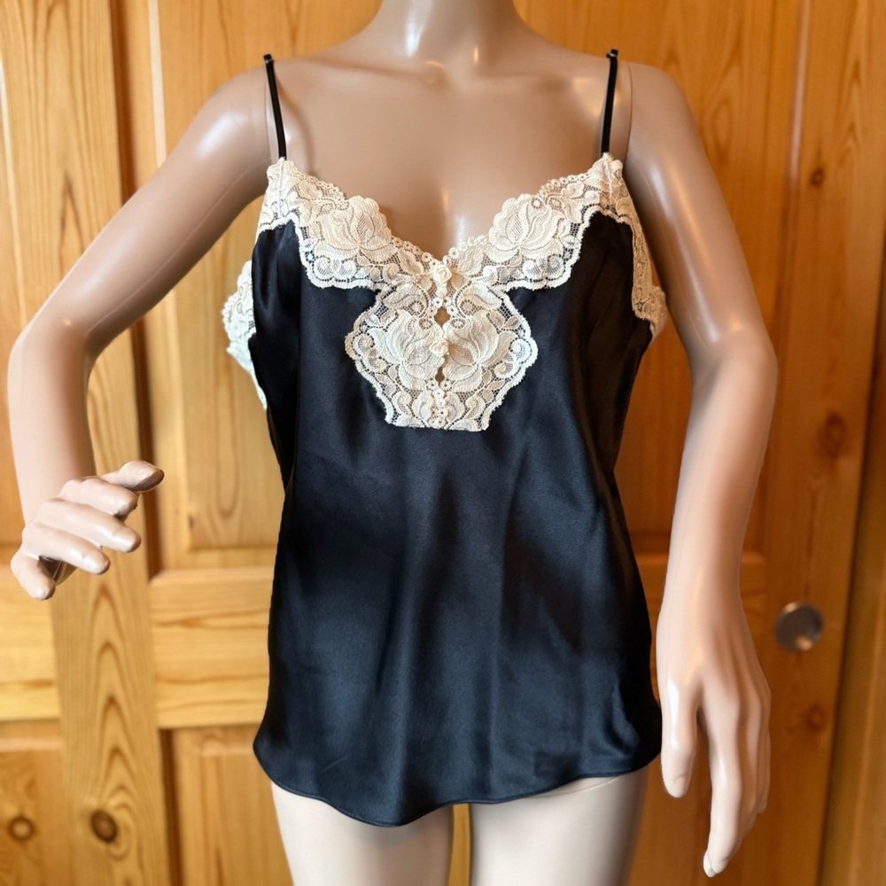 Y2K Vintage Satin Lace Camisole Top Size L Black Whimsigoth Coquette Fairy